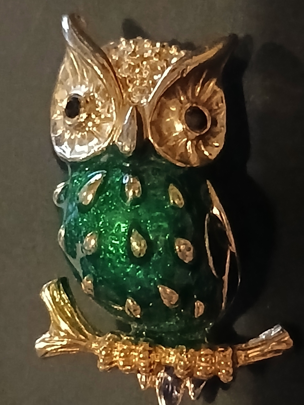 Green Enamel Owl Brooch with Gold-Tone Accents